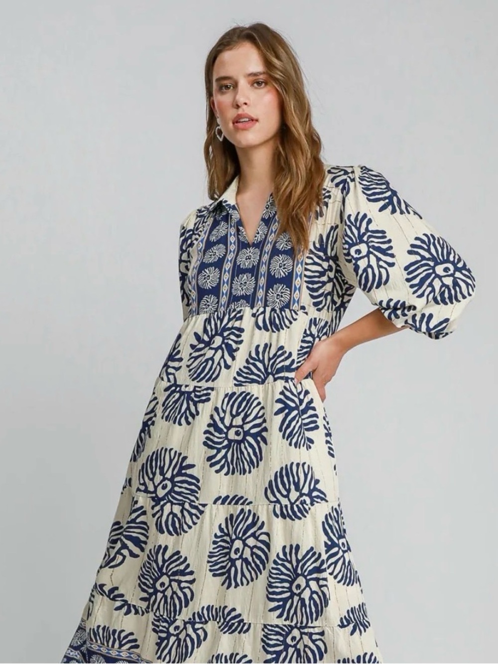 Blue and White and Gold Floral Boho Flowy Maxi Dress